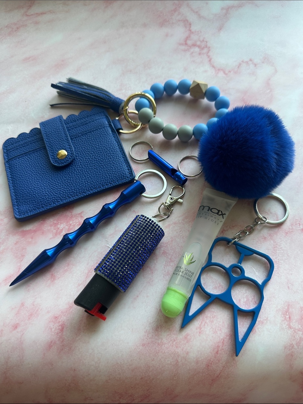 Blue Safety Keychain Set with Pom Pom & Card Holder